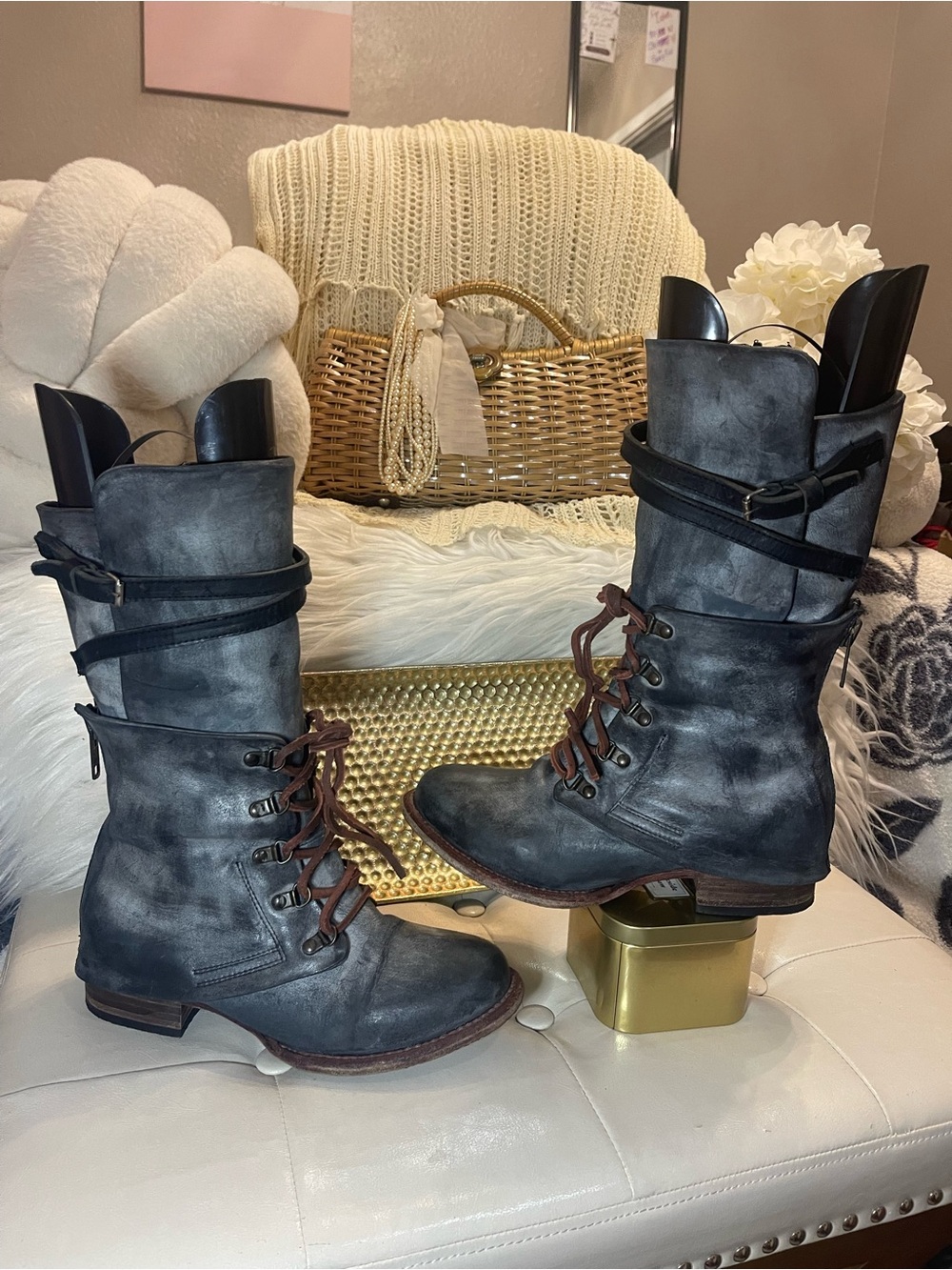 Freebird by Steven “Ravi” Leather Boots in Distressed “Coal Gray” Colorway